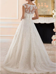Glamorous A-Line Wedding Dress Bateau Lace Cap Sleeve See-Through Bridal Gowns Illusion Detail with Sweep Train