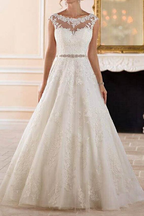 Glamorous A-Line Wedding Dress Bateau Lace Cap Sleeve See-Through Bridal Gowns Illusion Detail with Sweep Train