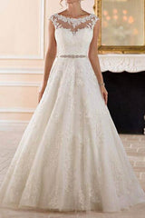 Glamorous A-Line Wedding Dress Bateau Lace Cap Sleeve See-Through Bridal Gowns Illusion Detail with Sweep Train