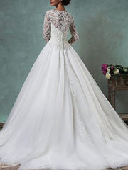 Glamorous A-Line Wedding Dresses Jewel Lace Tulle Long Sleeve Bridal Gowns Illusion Sleeve Bridal Gowns Sweep Train