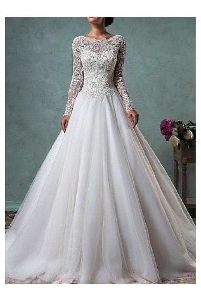 Glamorous A-Line Wedding Dresses Jewel Lace Tulle Long Sleeve Bridal Gowns Illusion Sleeve Bridal Gowns Sweep Train