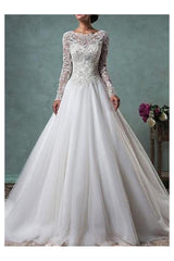 Glamorous A-Line Wedding Dresses Jewel Lace Tulle Long Sleeve Bridal Gowns Illusion Sleeve Bridal Gowns Sweep Train