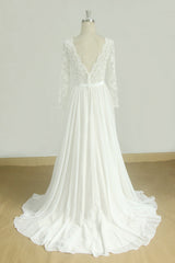 Glamorous A-line White Chiffon Wedding Dress | Longsleeves Jewel Bridal Gowns