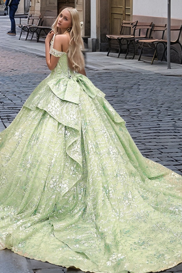 Glamorous Ball Gown Off Shoulder Sleeveless Beaded Tiered Ruffles Silver Flowers Appliques Green Tulle Quinceanera Dress Evening Formal Gown For Sweet 16