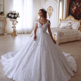 Glamorous Ball Gown V-neck Cold-Shoulder Lace Wedding Dress with Beadings On Sale