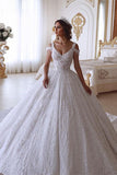 Glamorous Ball Gown V-neck Cold-Shoulder Lace Wedding Dress with Beadings On Sale