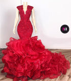 Glamorous Beads Appliques Red Prom Dresses | Ruffles Mermaid Sexy Evening Gowns