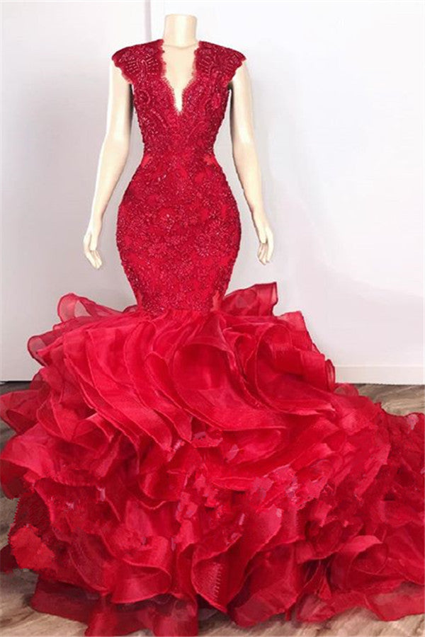 Glamorous Beads Appliques Red Prom Dresses | Ruffles Mermaid Sexy Evening Gowns