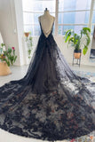 Glamorous Black Spaghetti-Straps Sleeveless Long Lace Sequins Bridal Dress