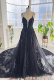 Glamorous Black Spaghetti-Straps Sleeveless Long Lace Sequins Bridal Dress