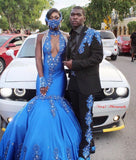 Glamorous Blue Halter Crystal Prom Dresses V-Neck Mermaid Evening Gowns