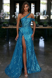 Glamorous Blue One Shoulder Sequined Evening Dress With Split Online