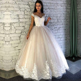 Glamorous Cap Sleeves Wedding dress Crew Neck Tulle Lace Bridal Gowns Online