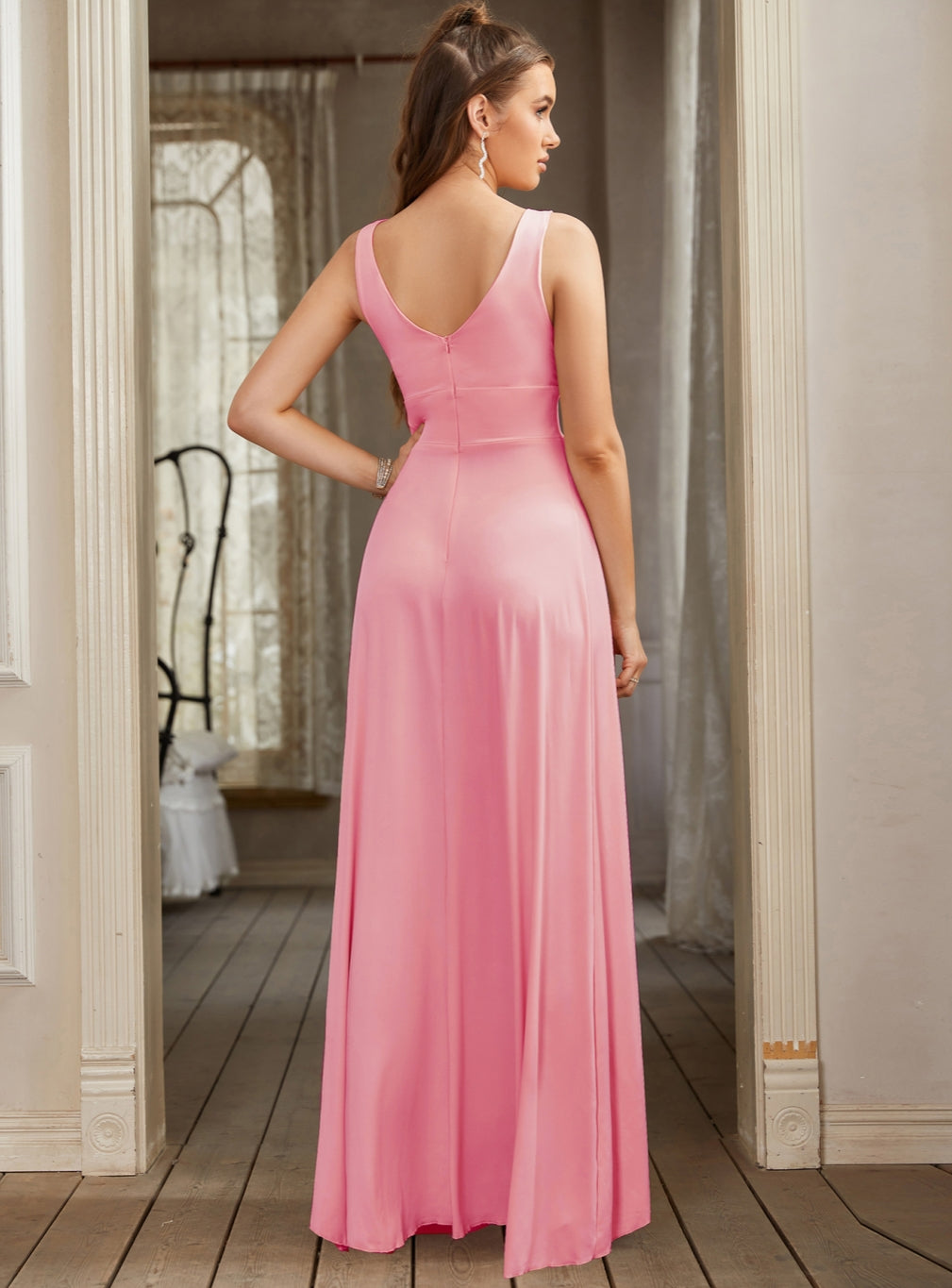Glamorous Deep V-Neck Sleeveless Floor-Length A-Line Prom Dresses with Slit