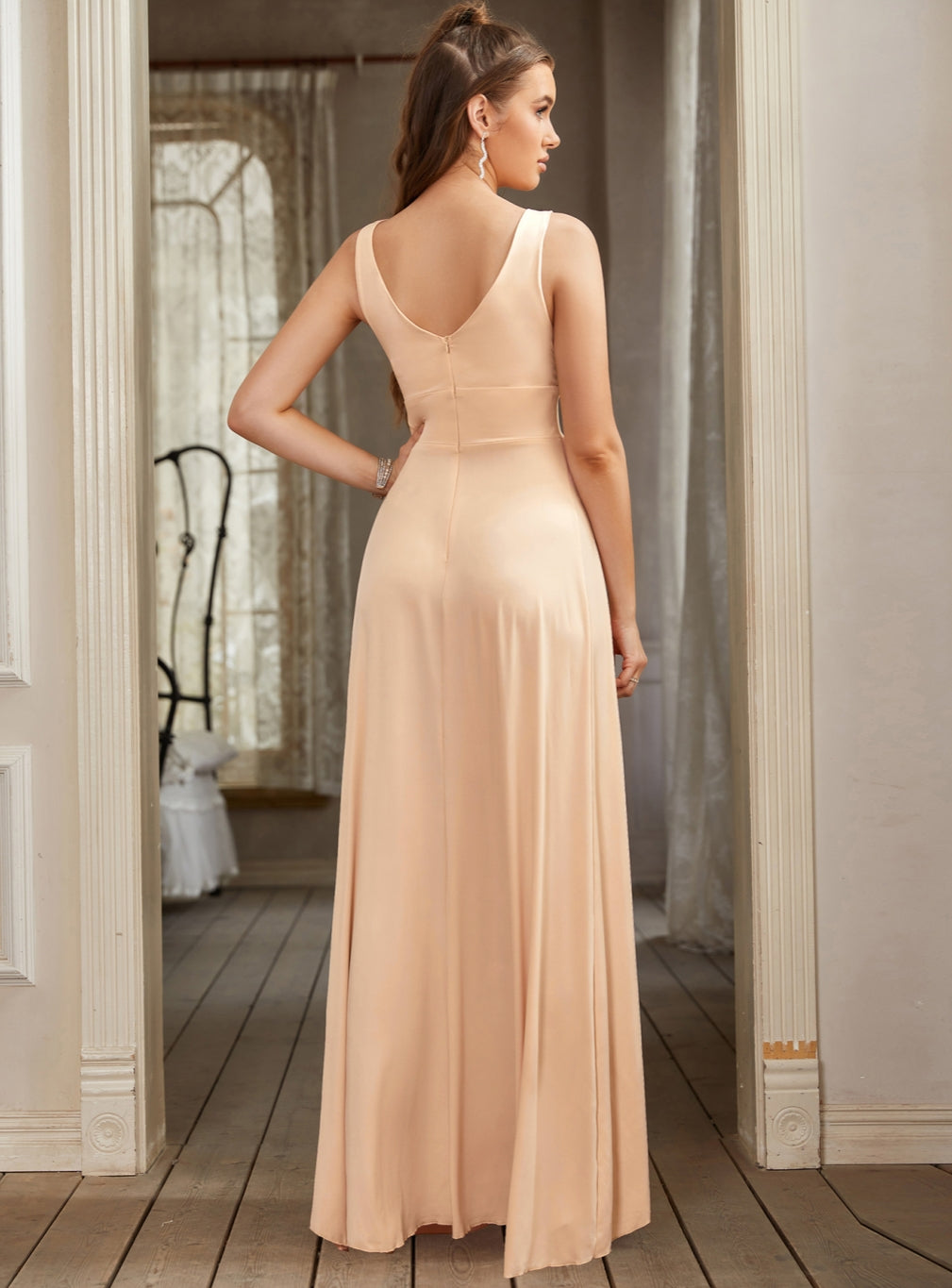 Glamorous Deep V-Neck Sleeveless Floor-Length A-Line Prom Dresses with Slit