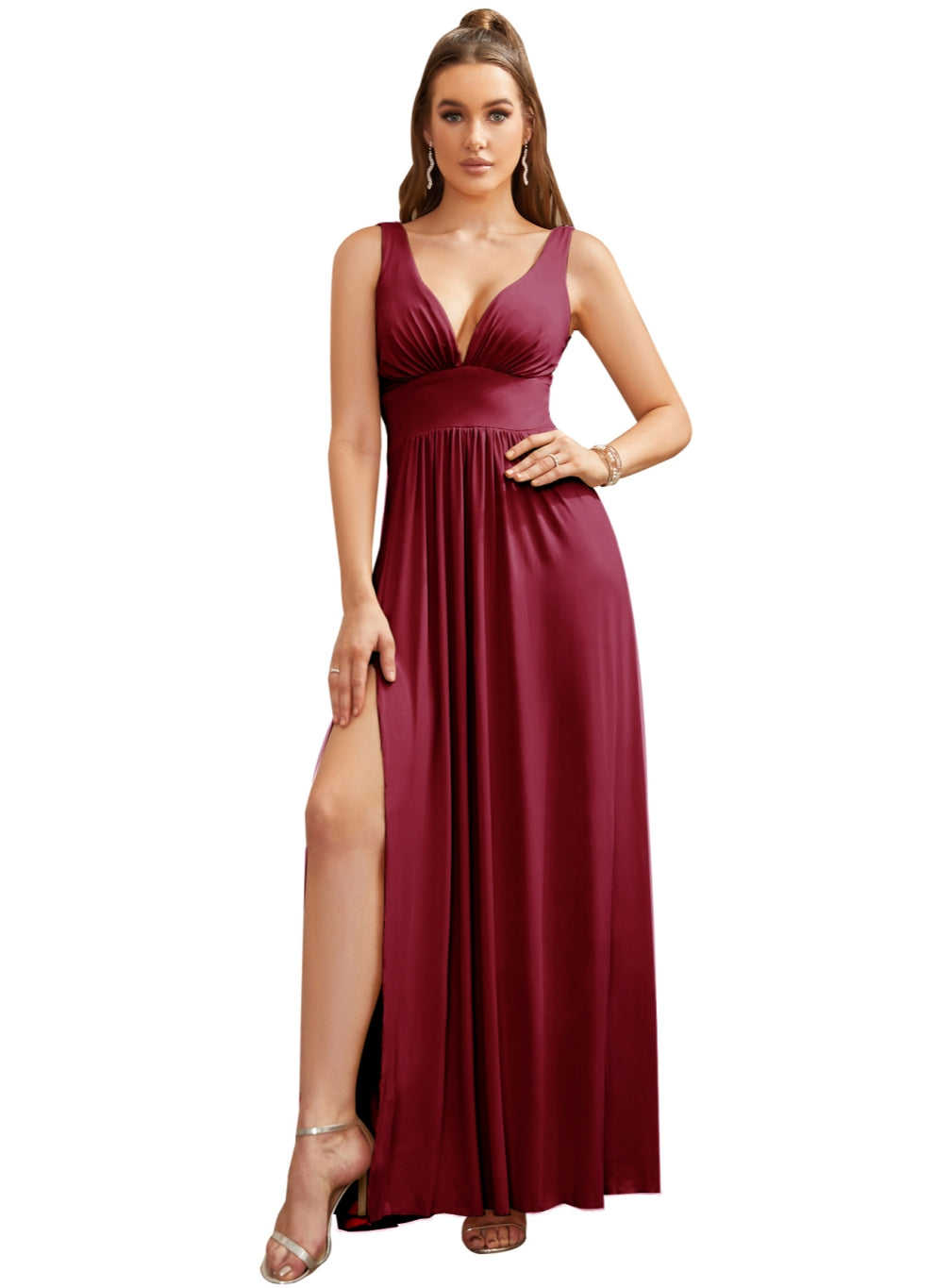 Glamorous Deep V-Neck Sleeveless Floor-Length A-Line Prom Dresses with Slit