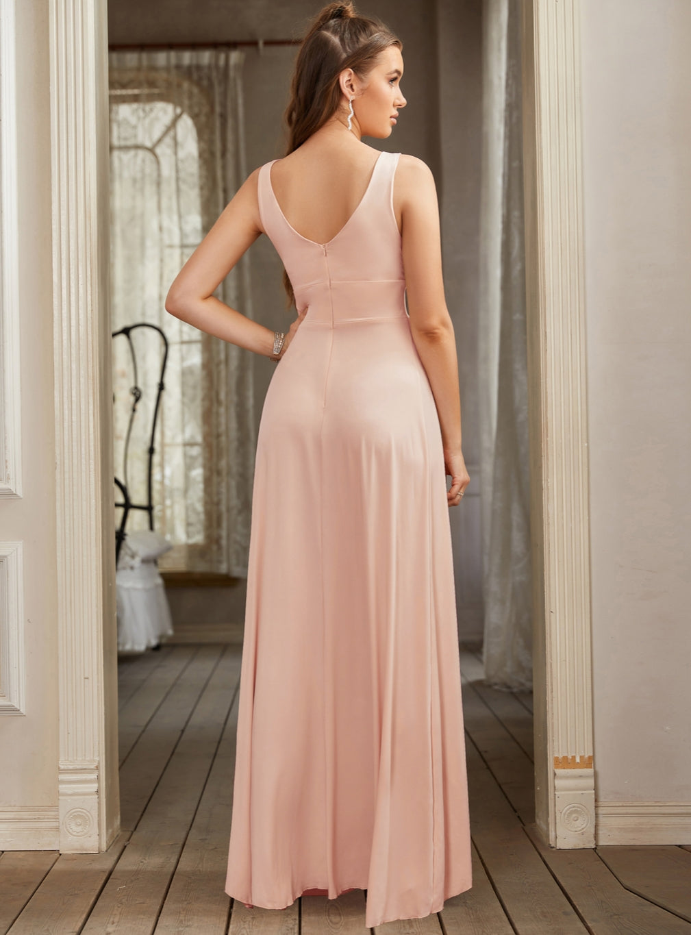 Glamorous Deep V-Neck Sleeveless Floor-Length A-Line Prom Dresses with Slit