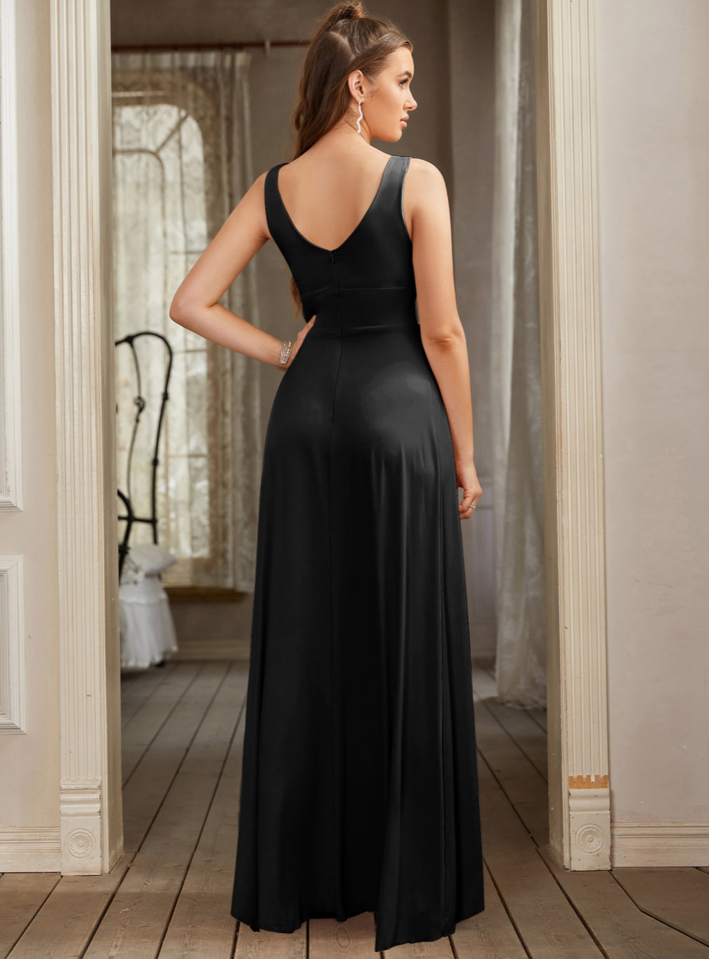 Glamorous Deep V-Neck Sleeveless Floor-Length A-Line Prom Dresses with Slit