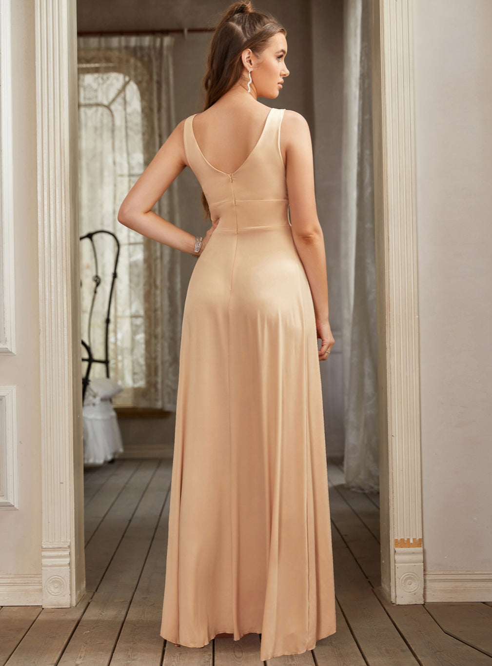 Glamorous Deep V-Neck Sleeveless Floor-Length A-Line Prom Dresses with Slit