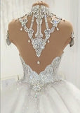 Glamorous High Neck Crystal Wedding Dresses | Short Sleeves Sheer Tulle Bridal Ball Gown