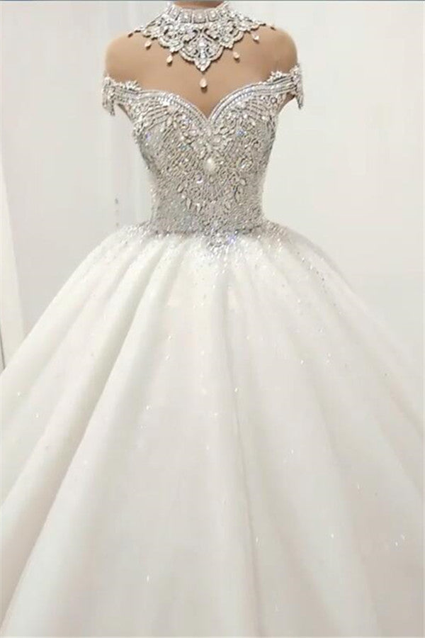 Glamorous High Neck Crystal Wedding Dresses | Short Sleeves Sheer Tulle Bridal Ball Gown