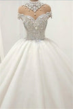 Glamorous High Neck Crystal Wedding Dresses |  Short Sleeves Sheer Tulle Bridal Ball Gown