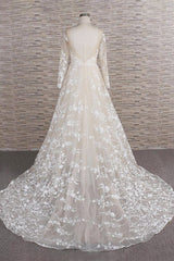Glamorous Jewel Longsleeves Champagne Wedding Dress | A-line Lace Bridal Gowns With Appliques