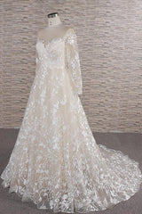 Glamorous Jewel Longsleeves Champagne Wedding Dress | A-line Lace Bridal Gowns With Appliques