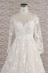 Glamorous Jewel Longsleeves Champagne Wedding Dress | A-line Lace Bridal Gowns With Appliques