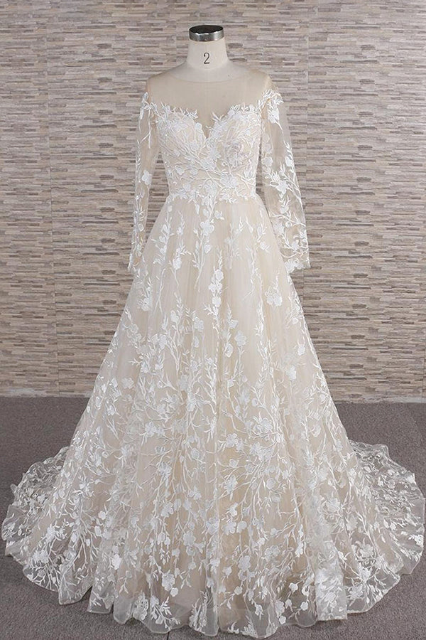 champagne wedding dress long sleeve Glamorous Jewel Longsleeves Champagne Wedding Dress | A-line Lace Bridal Gowns With Appliques