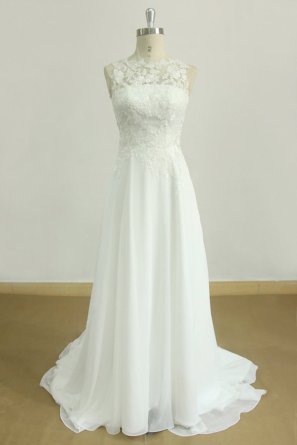 Glamorous Jewel Sleeveless Appliques Beach Wedding Dress | Lace White Chiffon Bridal Gowns