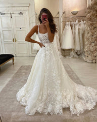 Glamorous Lace Appliques Spaghetti Straps Wedding Dresses | Sweep Train A-line Bridal Gowns
