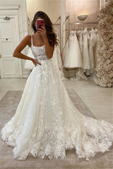 Glamorous Lace Appliques Spaghetti Straps Wedding Dresses | Sweep Train A-line Bridal Gowns