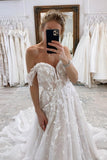 Glamorous Long A-Line Off-the-shoulder Lace Bridal Gowns With Glitter