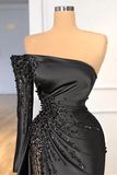 Glamorous Long Black Off-the-shoulder Beading Prom Dress With Long Sleeve