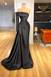 Glamorous Long Black Off-the-shoulder Beading Prom Dress With Long Sleeve
