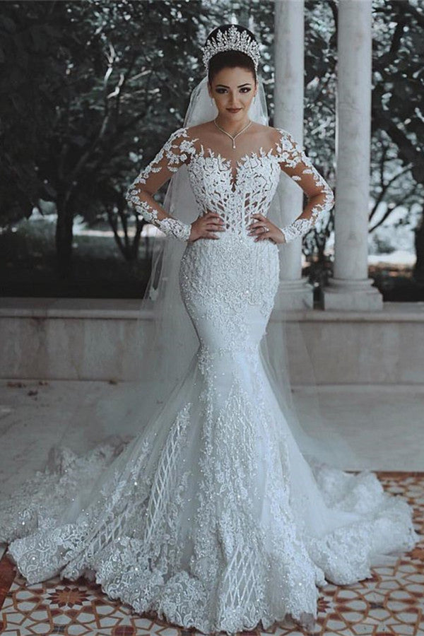 Glamorous Long Sleeve Lace Wedding Dress Mermaid Designer Bridal Gowns Online Glamorous Long Sleeve Lace Wedding Dress Mermaid Designer Bridal Gowns Online