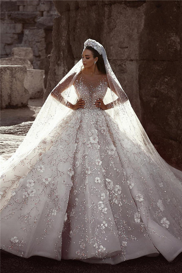Glamorous Long Sleeves Flowers Wedding Dresses | Beadings Bridal Ball Gowns BC0151