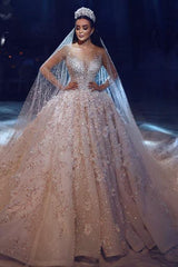 Glamorous Long Sleeves Flowers Wedding Dresses | Beadings Bridal Ball Gowns BC0151