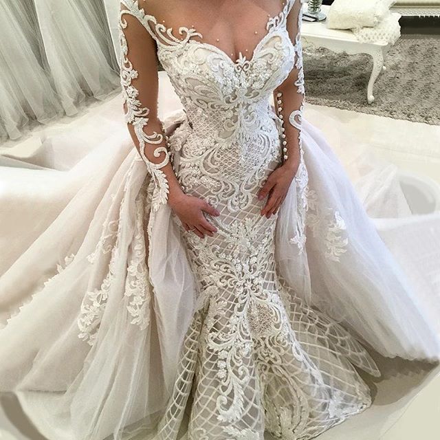 Glamorous Long Sleeves Lace Wedding Dresses | Sexy Mermaid Bridal Gowns with Detachable Skirt