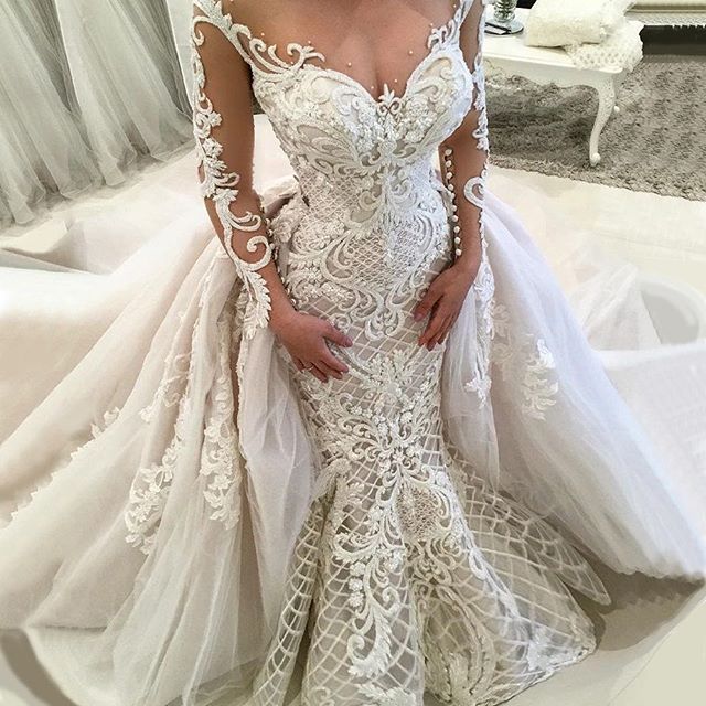Glamorous Long Sleeves Lace Wedding Dresses | Sexy Mermaid Bridal Gowns with Detachable Skirt | Suzhoufashion Glamorous Long Sleeves Lace Wedding Dresses | Sexy Mermaid Bridal Gowns with Detachable Skirt | Suzhoufashion