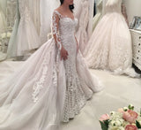 Glamorous Long Sleeves Lace Wedding Dresses | Sexy Mermaid Bridal Gowns with Detachable Skirt