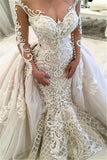 Glamorous Long Sleeves Lace Wedding Dresses  | Sexy Mermaid Bridal Gowns with Detachable Skirt