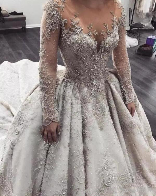 Glamorous Long Sleeves Lace Wedding Dresses | Sheer Tulle Crystal Bridal Ball Gowns with Buttons