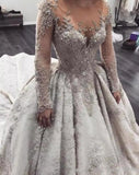 Glamorous Long Sleeves Lace Wedding Dresses | Sheer Tulle Crystal Bridal Ball Gowns with Buttons