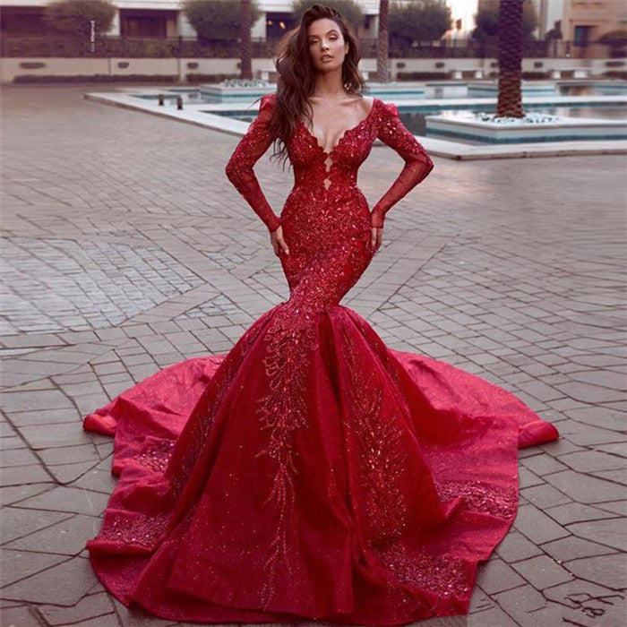 Glamorous Long Sleeves Mermaid Evening Dresses | Backless Lace Crystal Prom Dresses BC0669