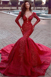 Glamorous Long Sleeves Mermaid Evening Dresses | Backless Lace Crystal Prom Dresses BC0669