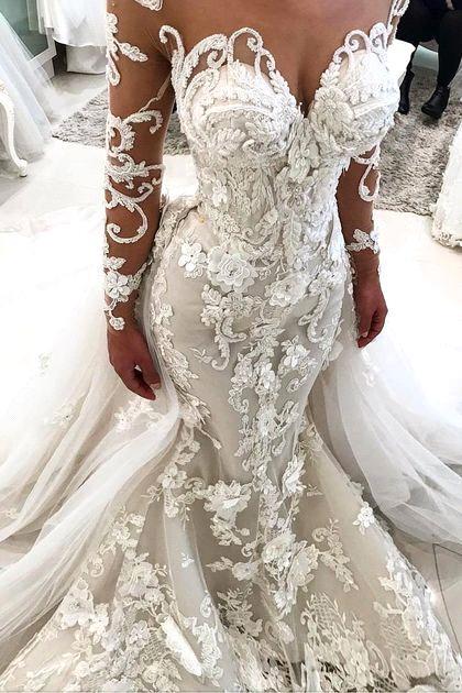 Glamorous Long Sleeves Mermaid Wedding Dresses | Sexy Flowers Mermaid Bridal Gowns with Detachable Train