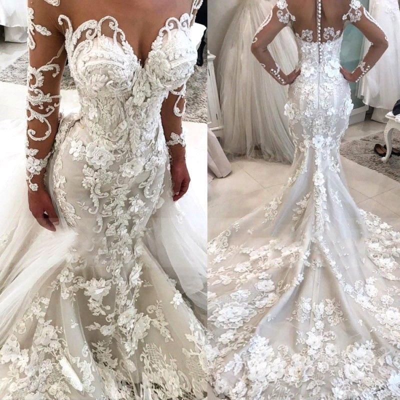 Glamorous Long Sleeves Mermaid Wedding Dresses | Sexy Flowers Mermaid Bridal Gowns with Detachable Train