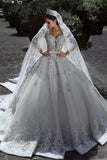 Glamorous Long Sleeves Tulle Appliques Wedding Dresses Crystal Bridal Ball Gowns with Bow BA7970